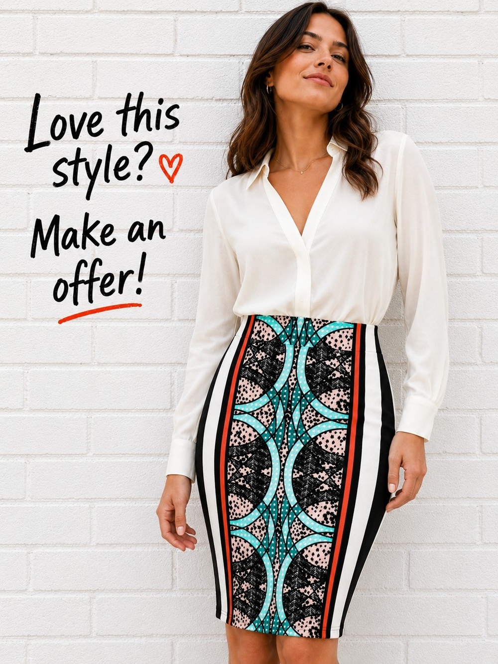 Bebe Geometric Print Pencil Skirt Zip Front Bodycon Career M
